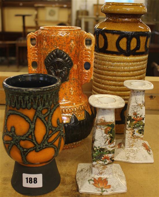 3 lava vases & pair of Kakiemon style candlesticks
